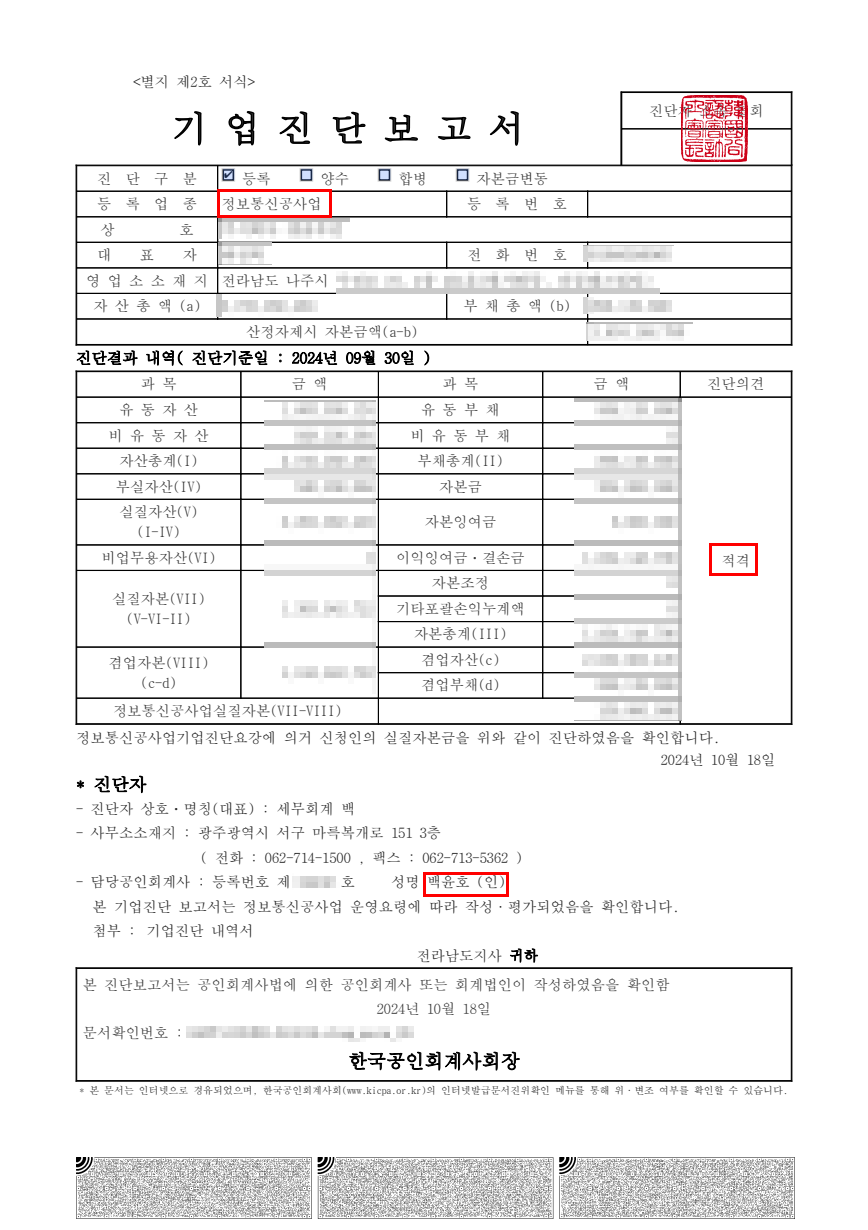 기업진단 보고서 사례 6 - BAEK 기업진단연구소에서 발급한 실제 진단사례
