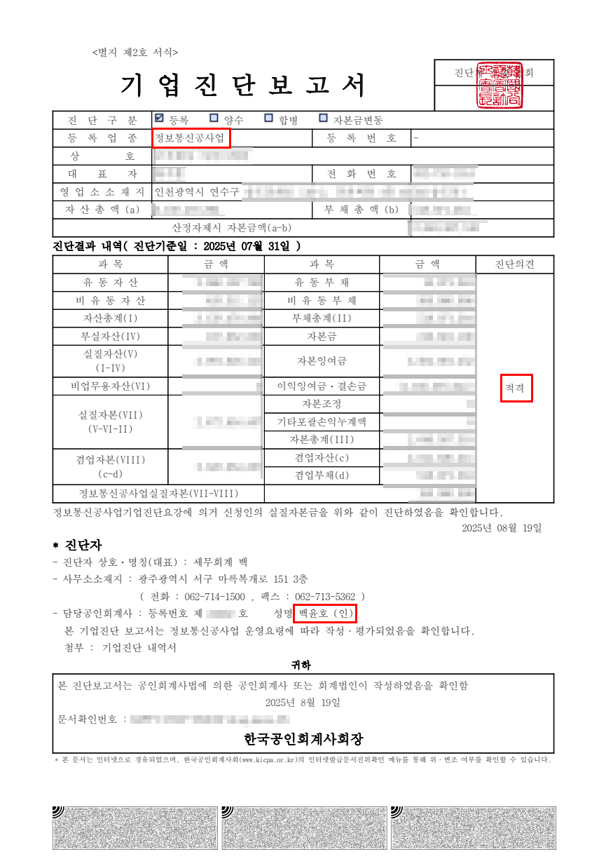 기업진단 보고서 사례 3 - BAEK 기업진단연구소에서 발급한 실제 진단사례